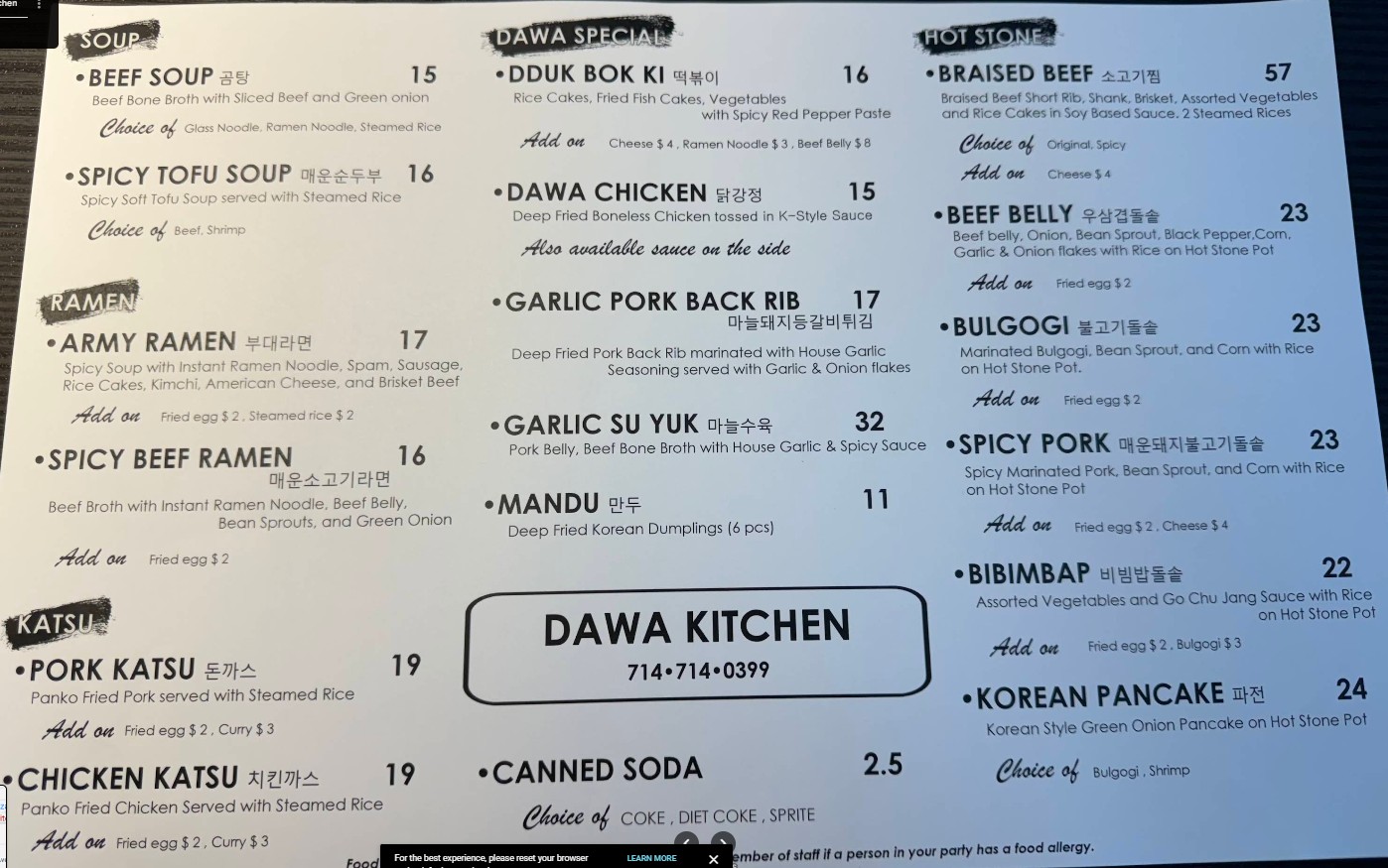 Dawa Kitchen Restaurant Menu - Best Korean Cuisine in Garden Grove